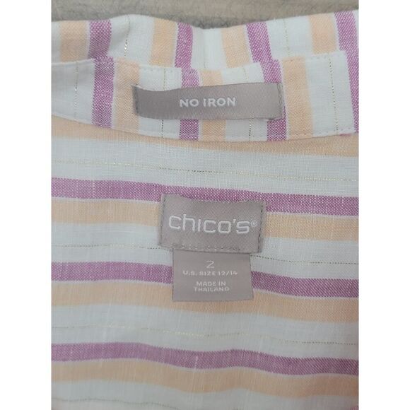 Chico's NO-IRON Linen Metallic Striped Roll-Tab Shirt Button Down Linen Size 2 - Picture 8 of 12